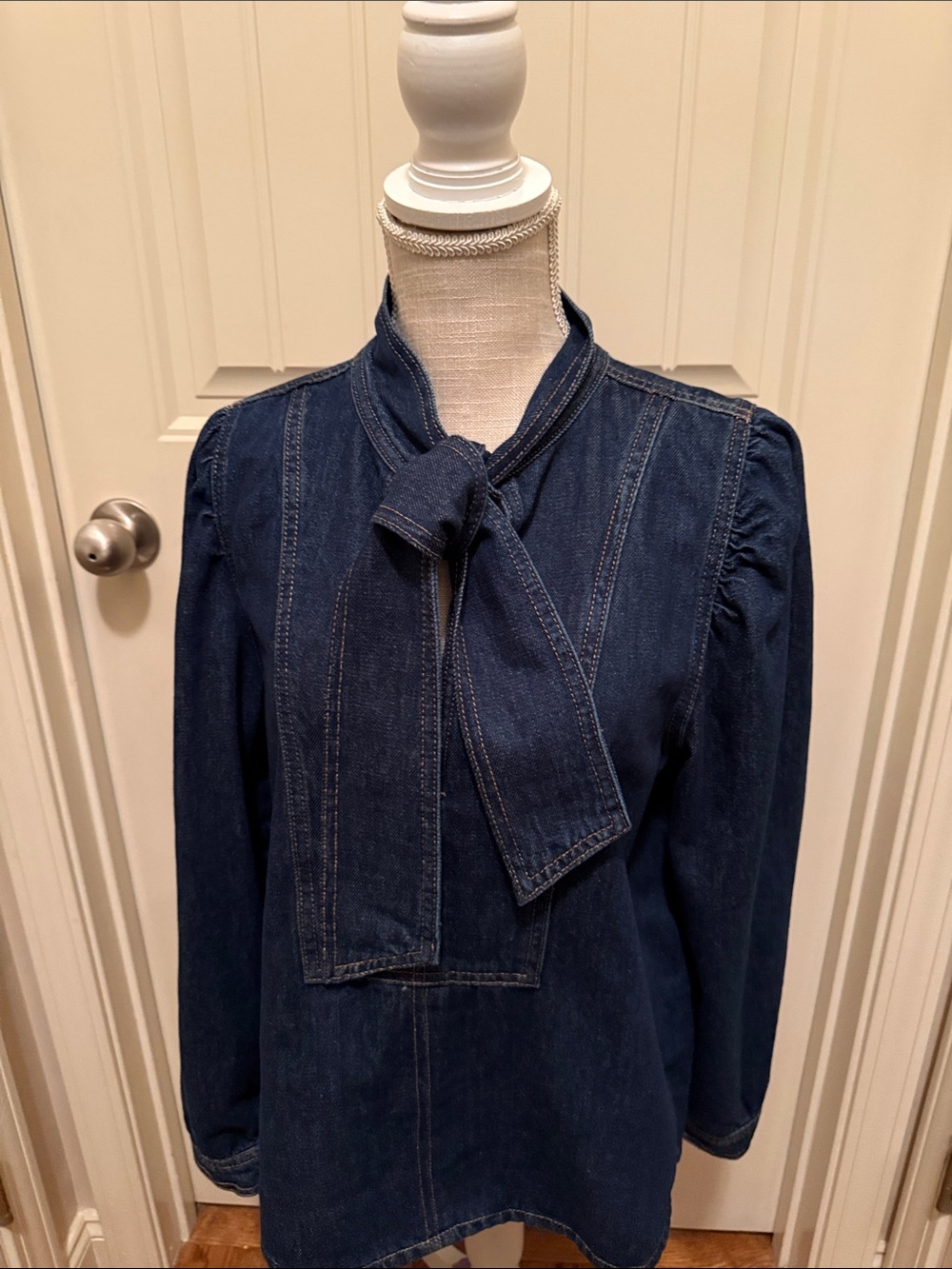 Zara Women’s Dark Blue Denim Tie-Neck Blouse